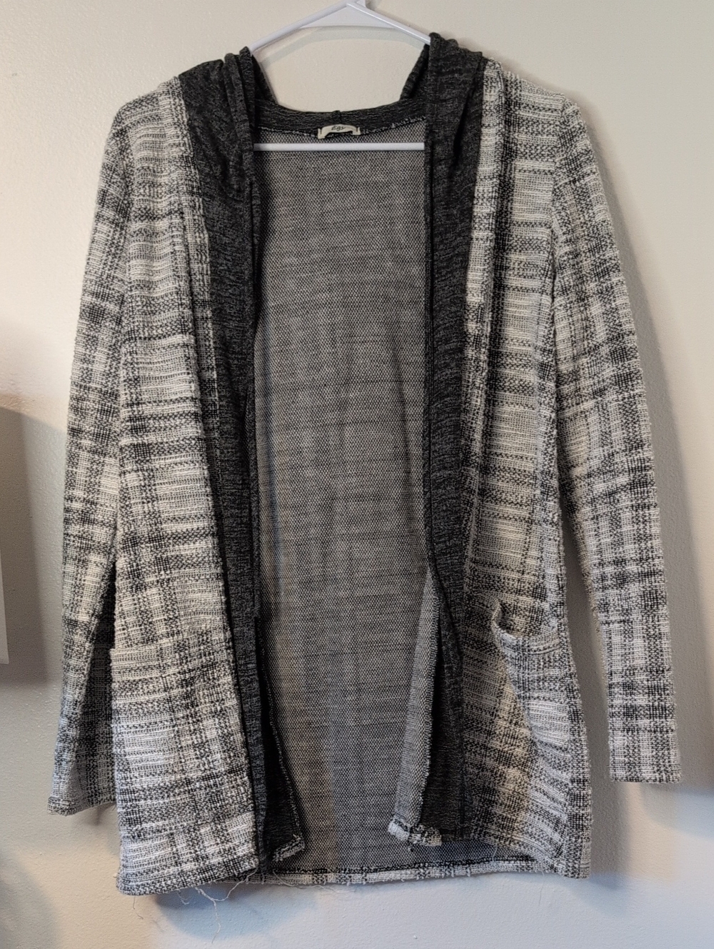 Open-Front Hooded Cardigan in Gray and White